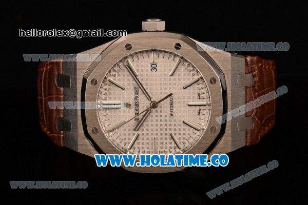 Audemars Piguet Royal Oak 41 MM Clone AP Calibre 3120 Automatic Steel Case with White Dial and Brown Leather Strap - Stick Markers - 1:1 Original (JF) - Click Image to Close